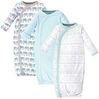 Touched by Nature Baby Boy Organic Cotton Side-Closure Snap Long-Sleeve Gowns 3 pk Mint Gray Elephant