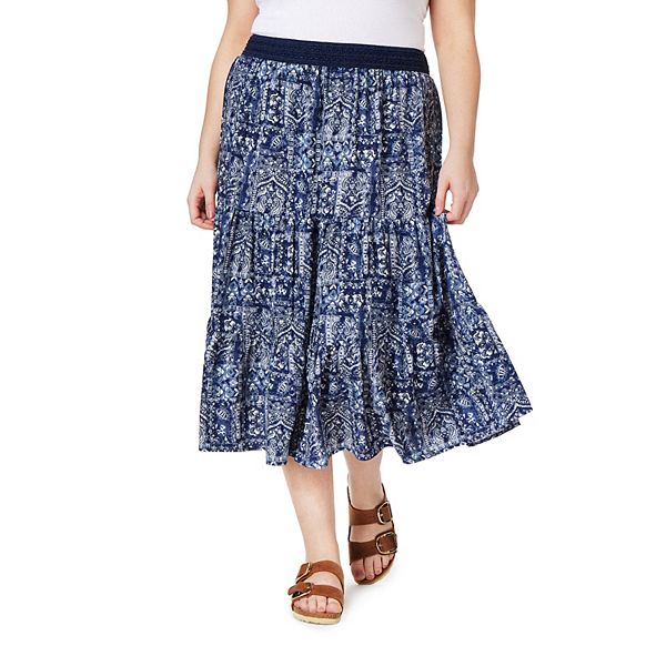 Juniors' Plus Size WallFlower Soraya Printed Maxi Skirt with Crochet Waist