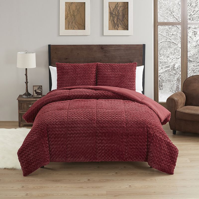 Sweet Home Collection Mika Faux Fur Comforter Set with Shams, Red, Queen