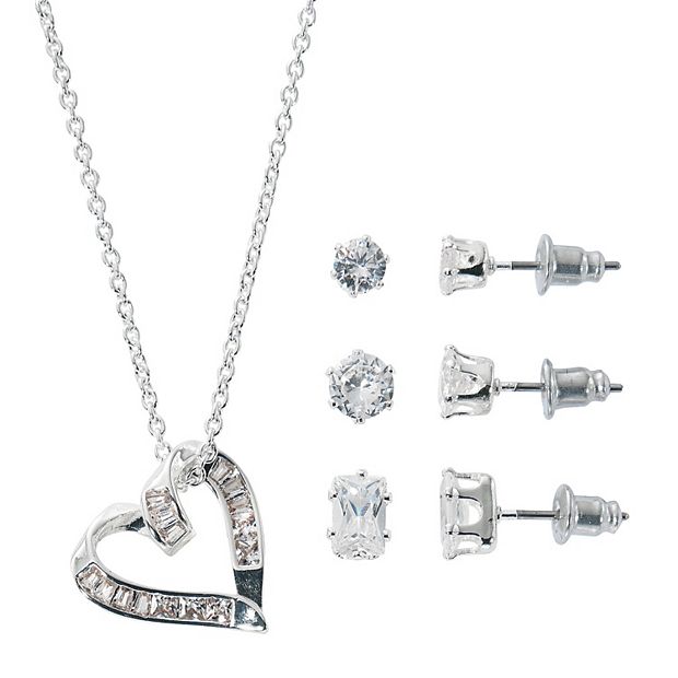 Danecraft Fine Silver Plated Cubic Zirconia Baguette Heart Pendant Earring Trio Set