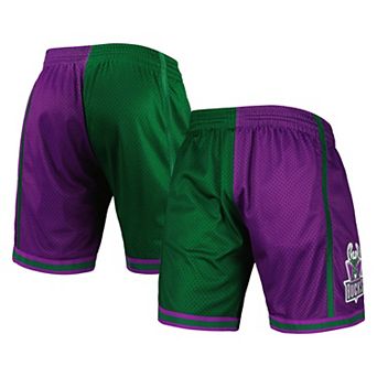 Men's Mitchell & Ness Green/Purple Milwaukee Bucks Hardwood Classics 1996 Split Swingman Shorts