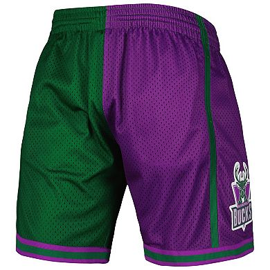 Men's Mitchell & Ness Green/Purple Milwaukee Bucks Hardwood Classics 1996 Split Swingman Shorts