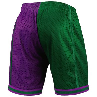 Men's Mitchell & Ness Green/Purple Milwaukee Bucks Hardwood Classics 1996 Split Swingman Shorts