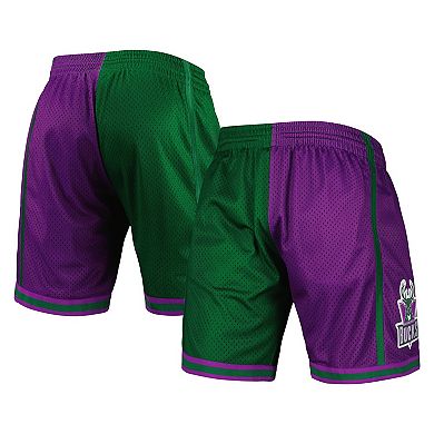 Men's Mitchell & Ness Green/Purple Milwaukee Bucks Hardwood Classics 1996 Split Swingman Shorts