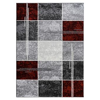 Grey Red White Area Rug Checkered with Marble Effect in Mottled Colors
