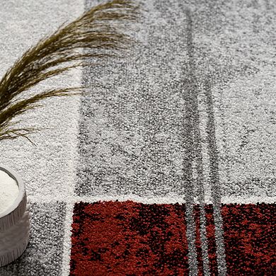 Grey Red White Area Rug Checkered with Marble Effect in Mottled Colors