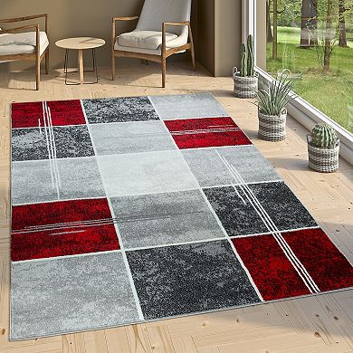 Grey Red White Area Rug Checkered with Marble Effect in Mottled Colors