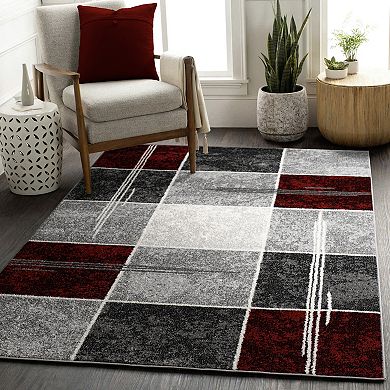 Grey Red White Area Rug Checkered with Marble Effect in Mottled Colors