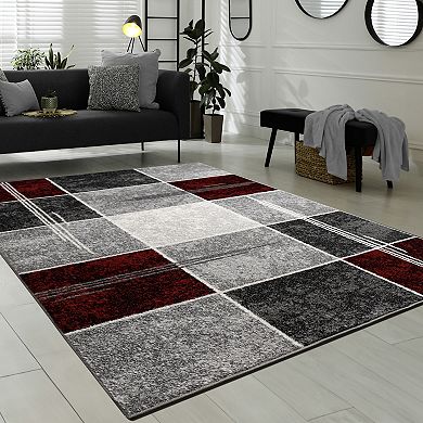 Grey Red White Area Rug Checkered with Marble Effect in Mottled Colors