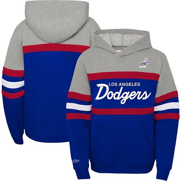Youth Mitchell & Ness Heather Gray/Royal Los Angeles Dodgers Cooperstown Collection Head Coach Pullover Hoodie Size: Medium