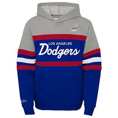Youth Mitchell & Ness Heather Gray/Royal Los Angeles Dodgers Cooperstown Collection Head Coach Pullover Hoodie
