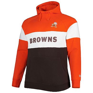 Men's New Era Brown Cleveland Browns Big & Tall Throwback Colorblock Fleece Raglan Pullover Hoodie