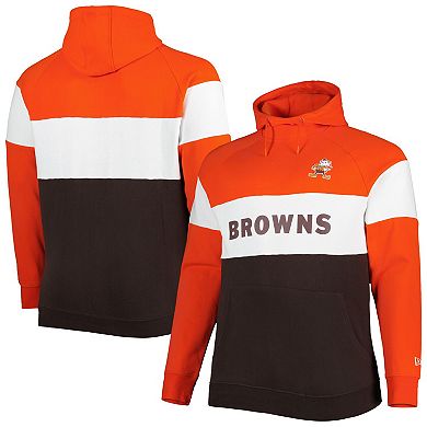 Men's New Era Brown Cleveland Browns Big & Tall Throwback Colorblock Fleece Raglan Pullover Hoodie