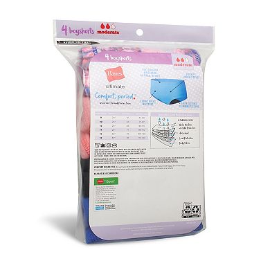 Girls Hanes® 4 Pack Ultimate Comfort Moderate Leaks Period Panties Boyshorts Underwear