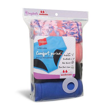 Girls Hanes® 4 Pack Ultimate Comfort Moderate Leaks Period Panties Boyshorts Underwear
