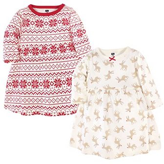 Hudson Baby Infant and Toddler Girl Long-Sleeve Cotton Dresses 2 pk Reindeer, 9-12 Months
