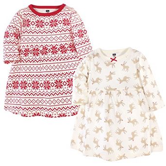 Hudson Baby Infant and Toddler Girl Long-Sleeve Cotton Dresses 2 pk Reindeer, 9-12 Months