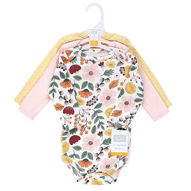 Hudson Baby Infant Girl Cotton Long-Sleeve Bodysuits, Fall Botanical 3-Pack, 0-3 Months