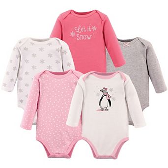 Hudson Baby Infant Girl Cotton Long-Sleeve Bodysuits 5 pk Pink Penguin
