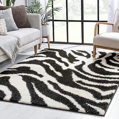 Well Woven Madison Shag Safari Zebra Animal Print Area Rug