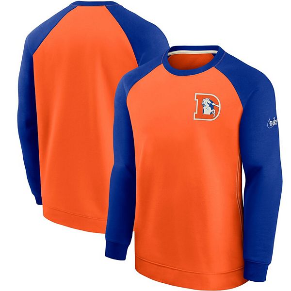 Men's Nike Orange/Royal Denver Broncos Historic Raglan Crew Performance  Sweater