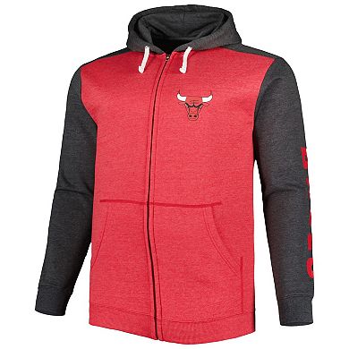 Men's Fanatics Branded Heathered Red/Heathered Black Chicago Bulls Big & Tall Down and Distance Full-Zip Hoodie