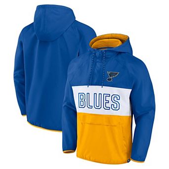 Men's Fanatics Branded Blue/Gold St. Louis Blues Backhand Shooter Defender Anorak Raglan Hoodie Quarter-Zip Jacket