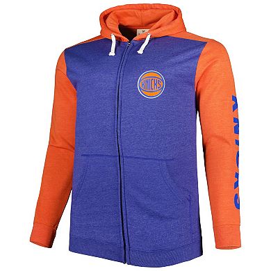 Men's Fanatics Branded Heathered Blue/Heathered Orange New York Knicks Big & Tall Down and Distance Full-Zip Hoodie