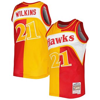 Men's Mitchell & Ness Dominique Wilkins Yellow/Red Atlanta Hawks Hardwood Classics 1986-87 Split Swingman Jersey