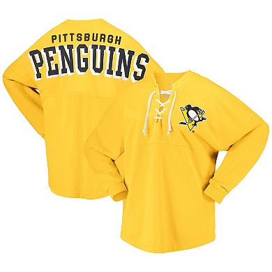 Women's Fanatics Branded Gold Pittsburgh Penguins Spirit Lace-Up V-Neck Long Sleeve Jersey T-Shirt