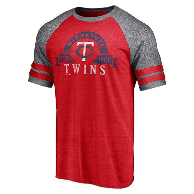 Men's Fanatics Branded Heather Red Minnesota Twins Utility Two-Stripe Raglan Tri-Blend T-Shirt