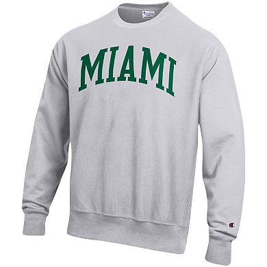 Men's Champion Heathered Gray Miami Hurricanes Big & Tall Reverse Weave Fleece Crewneck Pullover Sweatshirt