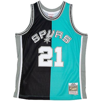 Men's Mitchell & Ness Tim Duncan Black/Teal San Antonio Spurs Hardwood Classics 1998/99 Split Swingman Jersey