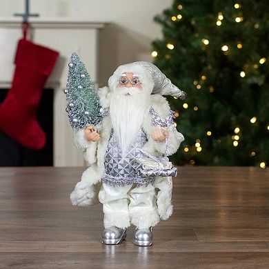 12" Ivory Standing Santa Christmas Figure Carrying a Green Pine Tree