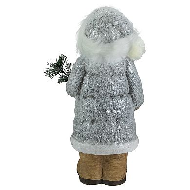 18" Ceramic Santa in Gray Coat Holding Pine Sprig Christmas Figure
