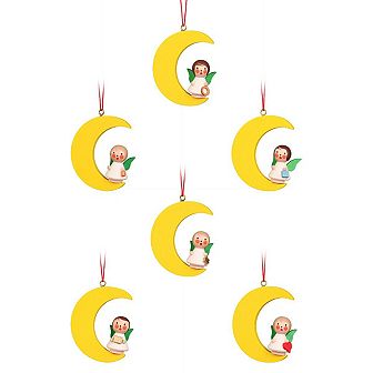 Set of 6 Yellow Beige and Green Handcrafted Angels on Moon Ulbricht Ornaments 2"