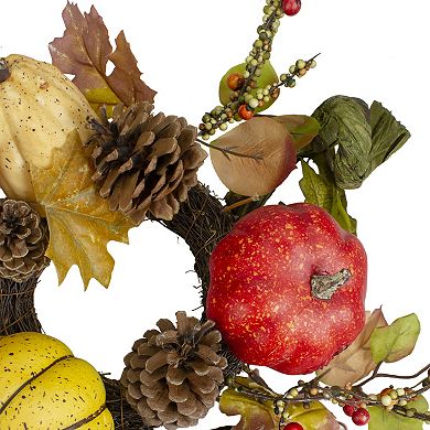 Pumpkin Berries Foliage and Pine Cone Fall Harvest Wreath - 13 inch Unlit