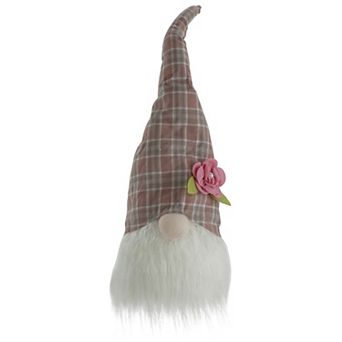 20" Pink and White Plaid Spring Gnome Head Table Top Decor