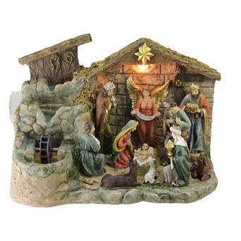 11 pc Pre-Lit Brown Christmas Nativity Figurine Set with Water Fountain 11" - Warm White Light