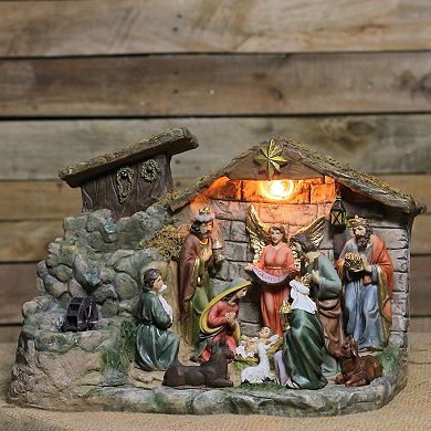 11-Piece Pre-Lit Brown Christmas Nativity Figurine Set with Water Fountain 11" - Warm White Light