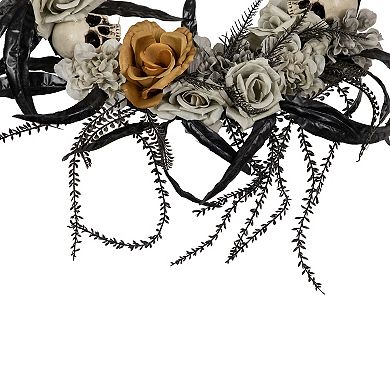 Skulls with Orange and Gray Roses Halloween Wreath  14-Inch  Unlit