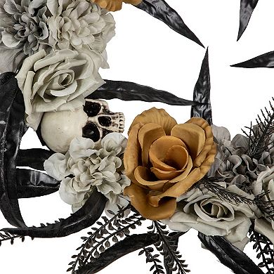 Skulls with Orange and Gray Roses Halloween Wreath  14-Inch  Unlit