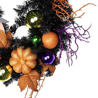 Jack-O-Lantern in Witches Hat Halloween Pine Wreath 24-Inch Unlit
