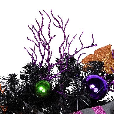 Jack-O-Lantern in Witches Hat Halloween Pine Wreath 24-Inch Unlit