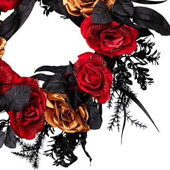 Red and Gold Roses with Black Foliage Halloween Wreath 22-Inch Unlit