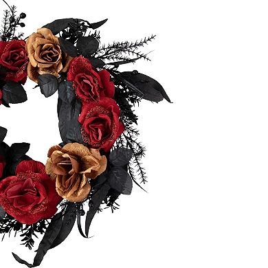 Red and Gold Roses with Black Foliage Halloween Wreath  22-Inch  Unlit