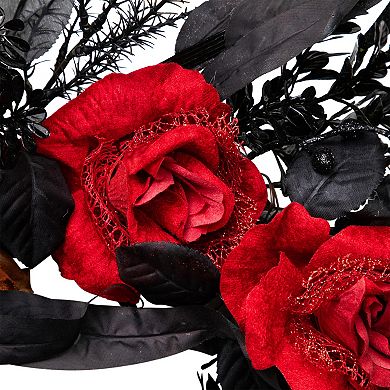 Red and Gold Roses with Black Foliage Halloween Wreath 22-Inch Unlit