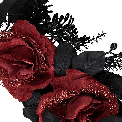 Red and Gold Roses with Black Foliage Halloween Wreath  22-Inch  Unlit