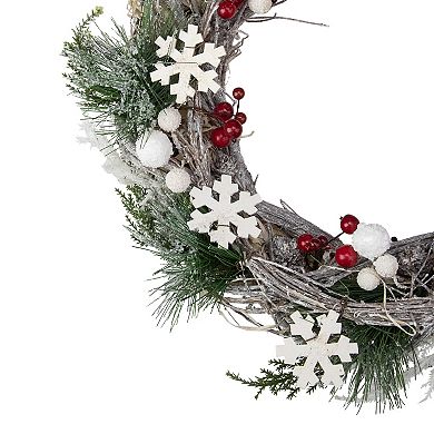 Snowflakes and Berries Winter Foliage Christmas Wreath 24-Inch Unlit