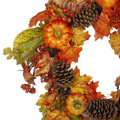Orange Pumpkins Pine Cones and Berries Fall Harvest Wreath - 24 inch Unlit